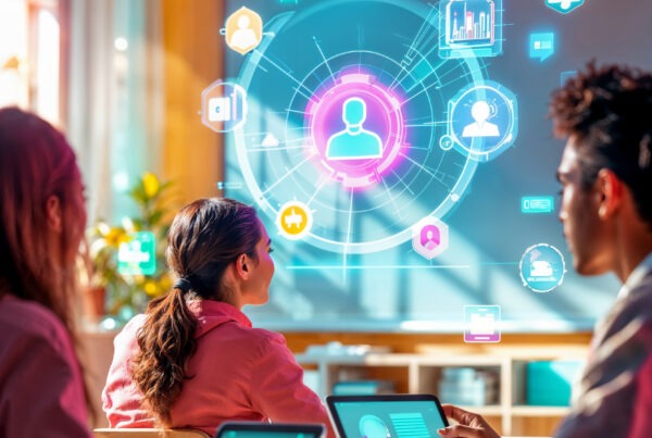 personas observando pantalla que presenta un entorno digital